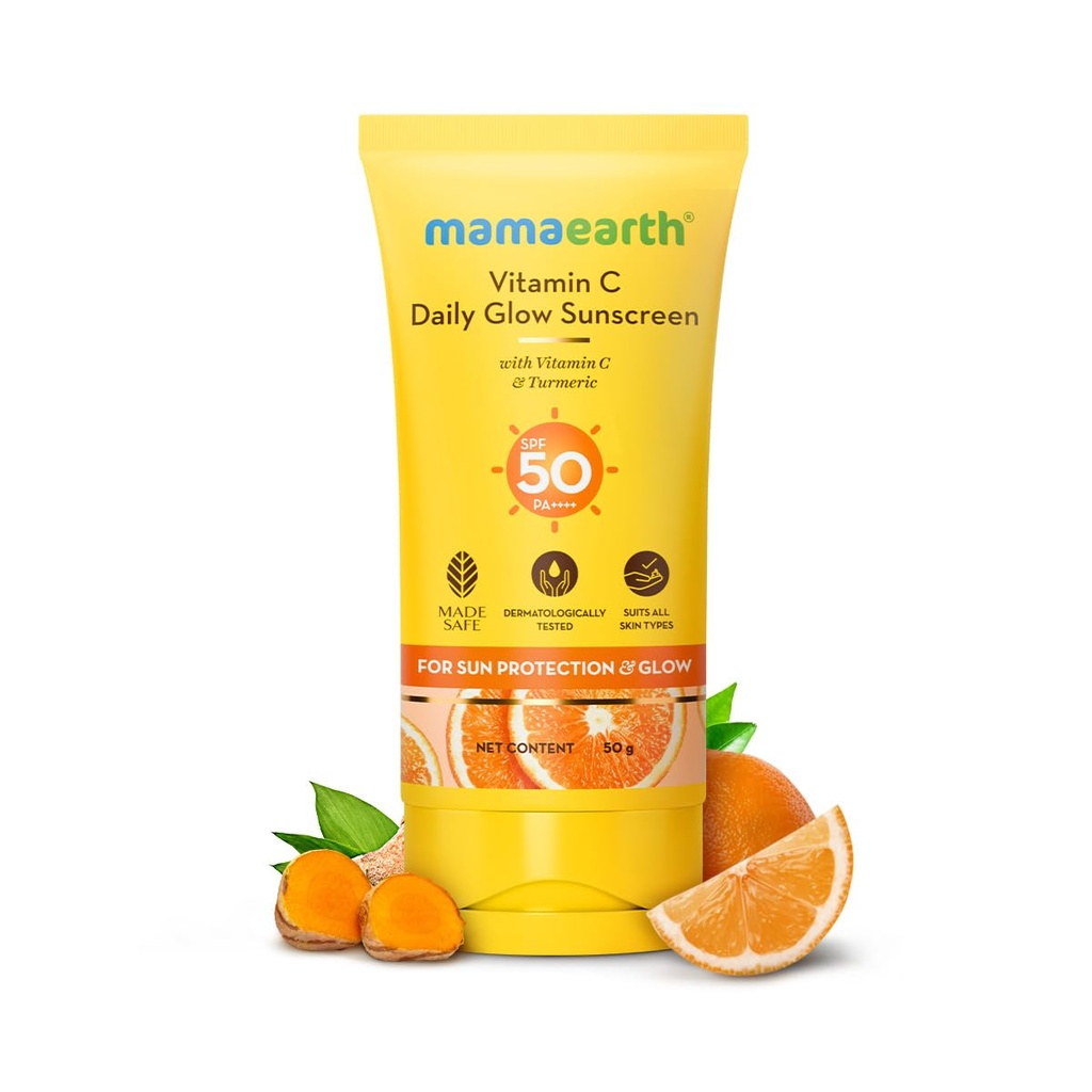 Mamaearth Vitamin C Daily Glow Spf 50 Sunscreen With Pa+++ | Reduces Tanning & Gives Broad Spectrum Sun Protection | No Whitecast & Non-Greasy | 1.76 Oz/50G