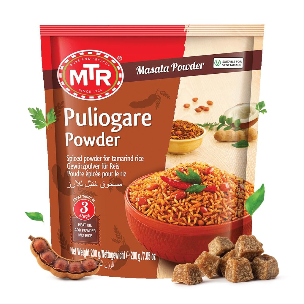 Mtr Puliogare Powder – Authentic Indian Spice Blend Of Tamarind, Coconut, Red Chilli, Jaggery, Peanuts, Coriander, Curry Leaves And Sesame – Ideal For Tamarind Rice In 3 Easy Steps – 200G
