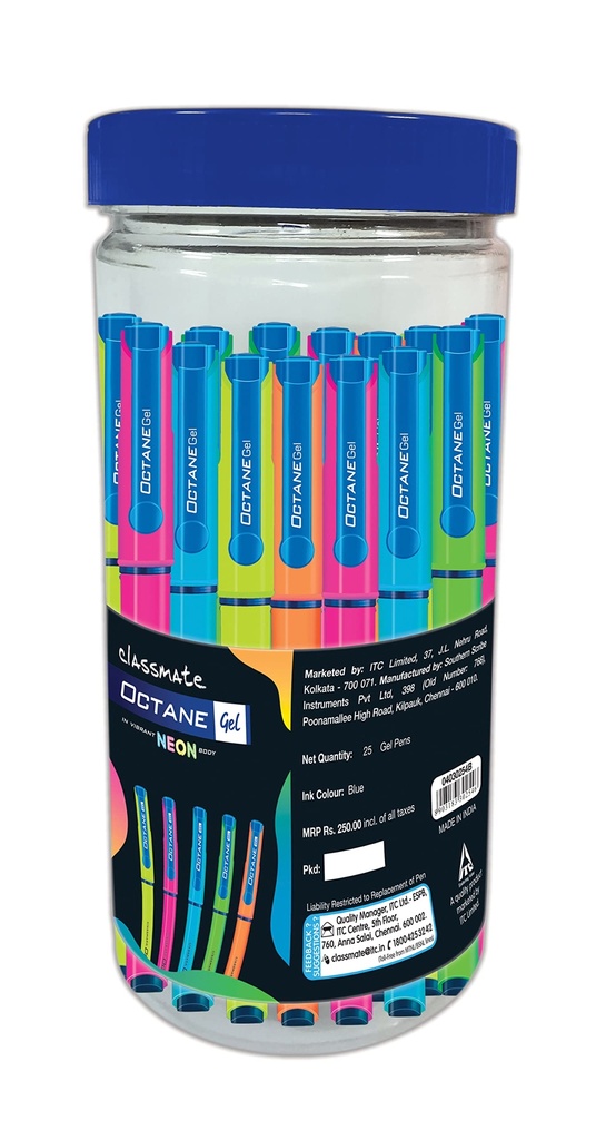 Classmate Octane Gel Pen- Neon Series (Blue)- Pack Of 25 + 10 Gel Refills Free