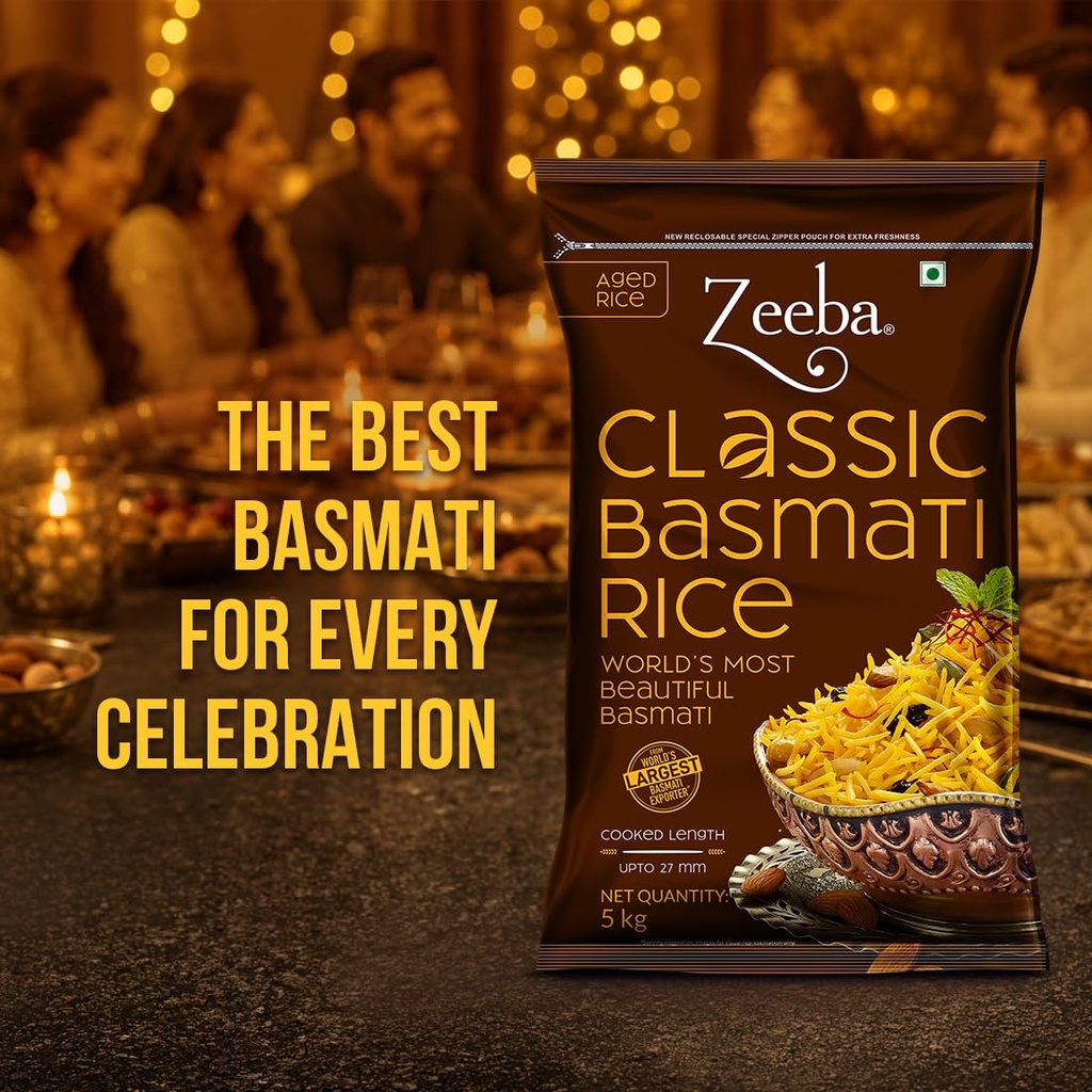 Zeeba Classic Basmati Rice 5 Kg, Raw & Naturally Aged For 2 Years, Extra Long Grains (Cooked Length Upto 27Mm*)