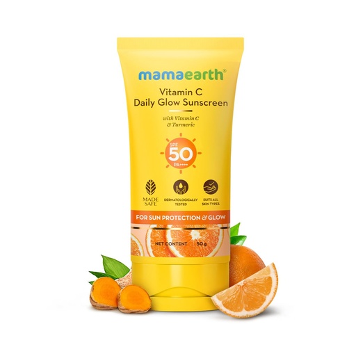 [MAMSUN-00480] Mamaearth Vitamin C Daily Glow Spf 50 Sunscreen With Pa+++ | Reduces Tanning & Gives Broad Spectrum Sun Protection | No Whitecast & Non-Greasy | 1.76 Oz/50G