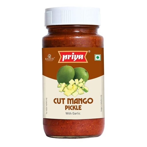 [PRICUT-00693] Priya Cut Mango Pickle With Garlic, 300G - Authentic Telugu Style Aam Achar |Traditional South Indian Taste| Homemade Andhra Pickles| Tangy And Spicy| With Mango Pieces & Mixed Spices | Glass Jar